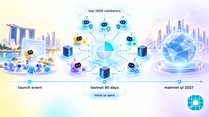 An infographic showing a project timeline from a 'launch event' to a 'mainnet q1 2027', featuring a central network diagram of 'top 1000 validators' and a 'testnet 90 days mine or earn' phase.