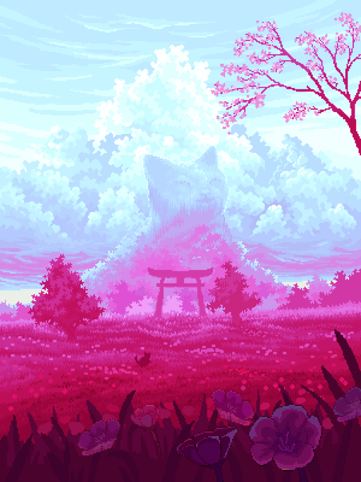 A vibrant pixel art landscape depicting a pink and red field of flowers and grass beneath a torii gate, with a large translucent fox spirit emerging from fluffy clouds and a cherry blossom tree in the corner.