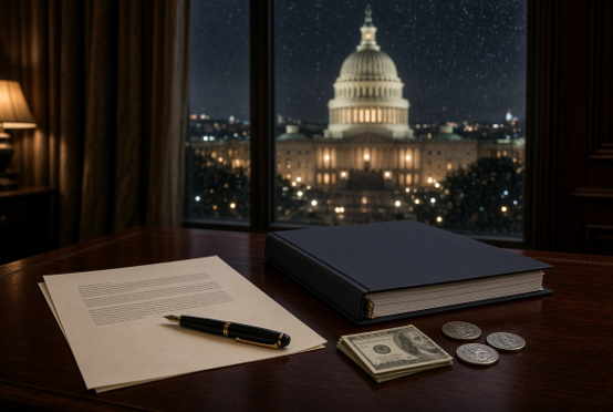 A desk by a window at night with a book, papers, a pen, cash, and coins in the foreground, overlooking the illuminated U.S. Capitol building.