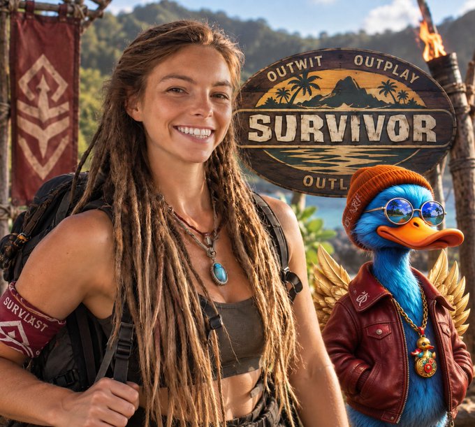 A smiling woman with dreadlocks and a 'SURVIVOR' armband stands next to a blue duck wearing sunglasses and a brown jacket, in front of a wooden 'SURVIVOR OUTWIT OUTPLAY' sign.