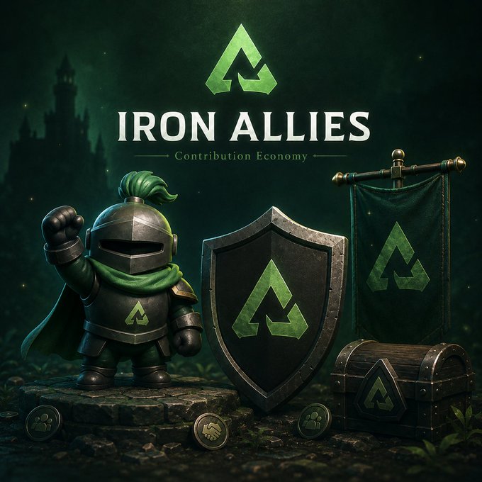 Promotional artwork for 'IRON ALLIES - Contribution Economy' featuring a knight figurine, shield, banner, and treasure chest with green accents against a dark castle background.