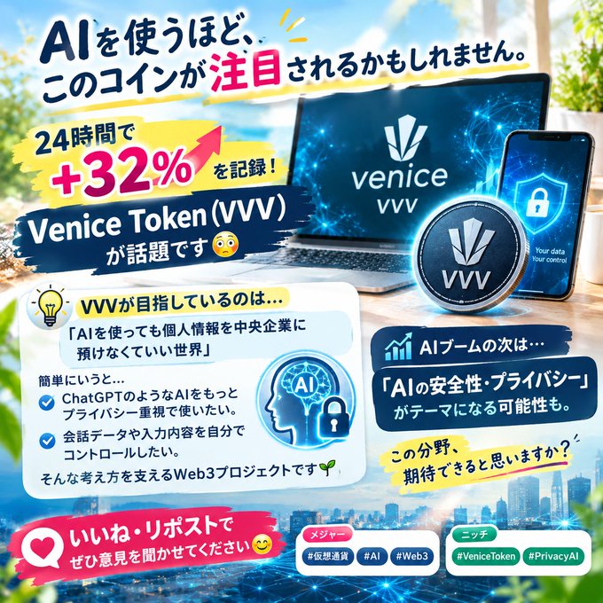 A Japanese-language promotional graphic for Venice Token (VVV) highlighting a +32% 24-hour gain, promoting privacy-focused Web3 AI features and soliciting reposts under hashtags #仮装通貨, #AI, #Web3, #VeniceToken, and #PrivacyAI.