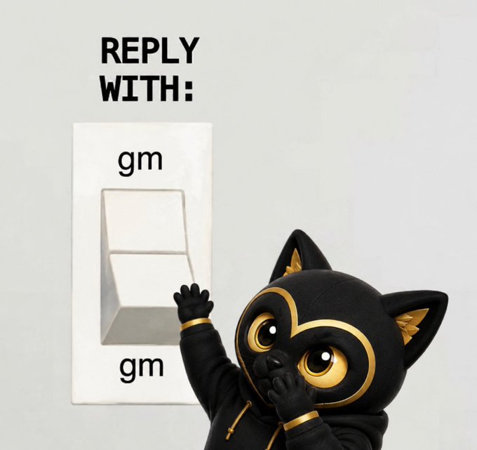 A black cat character with gold eyes raises its paw next to a meme template showing a light switch labeled 'gm' above and 'gm' below, under the text 'REPLY WITH:'.