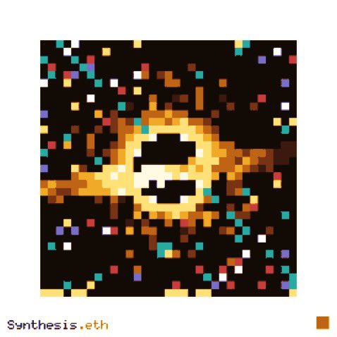 A pixelated digital artwork featuring a stylized planet or cosmic figure in yellow and orange tones against a dark background with colorful scattered squares, branded 'Synthesis.eth'.