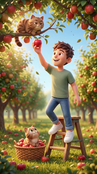 An illustration of a smiling boy on a wooden ladder reaching up to hand an apple to a tabby cat perched on an apple tree branch, with another kitten in a basket of apples below.