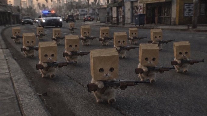 A surreal, dimly lit street scene features multiple kittens marching in formation, each with a cardboard box on its head and carrying a rifle, while a police car with flashing lights is visible in the background.