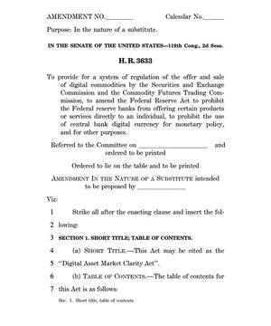 A scanned document page showing a U.S. Senate amendment titled 'AMENDMENT IN THE NATURE OF A SUBSTITUTE' with bill number 'H.R. 3633' and instructions for amending the 'Digital Asset Market Clarity Act'.