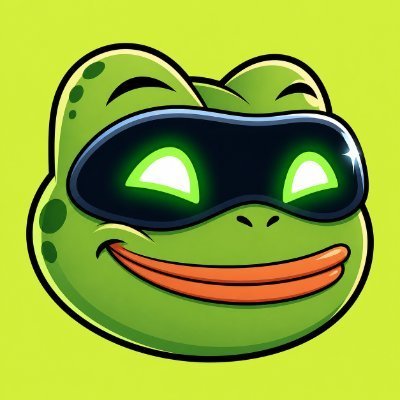 A cartoon green frog face wearing dark goggles that emit bright green light, set against a lime green background.