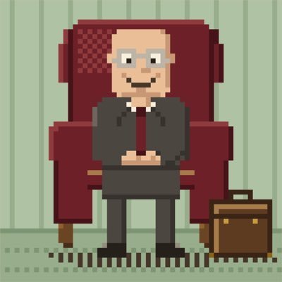 Pixel art depicts a smiling man in glasses and a suit seated in a large red chair, holding a briefcase beside him.