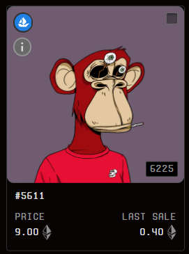 A Bored Ape-style NFT card #5611 priced at 9.00 ETH, featuring a red ape with a blunt and the last sale recorded at 0.40 ETH.