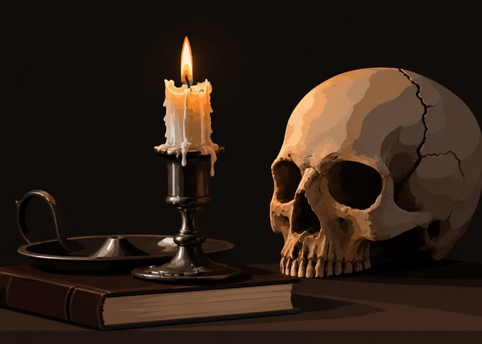 A dark still life illustration depicts a lit melting candle in a metal holder, an extinguished candle holder, and a weathered human skull resting on a wooden surface next to a closed brown book.