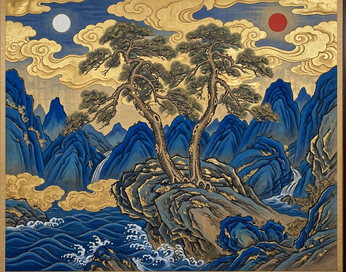 A vivid East Asian-style painting depicts two intertwined pine trees on a rocky outcrop surrounded by mountains, swirling golden clouds, crashing waves, and twin celestial bodies—a white moon and a red sun—symbolizing duality and the "Two trees, One Genesis" theme. The imagery of unity emerging from opposing elements reinforces the post's message about Dunamu's foundational story behind the Genesis OG launch.