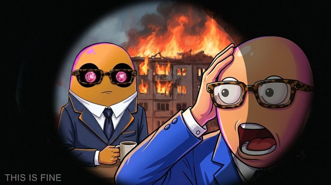 A popular 'This Is Fine' meme-style illustration showing a character in a suit calmly drinking coffee while everything burns around him, with the text 'THIS IS FINE' in the corner.