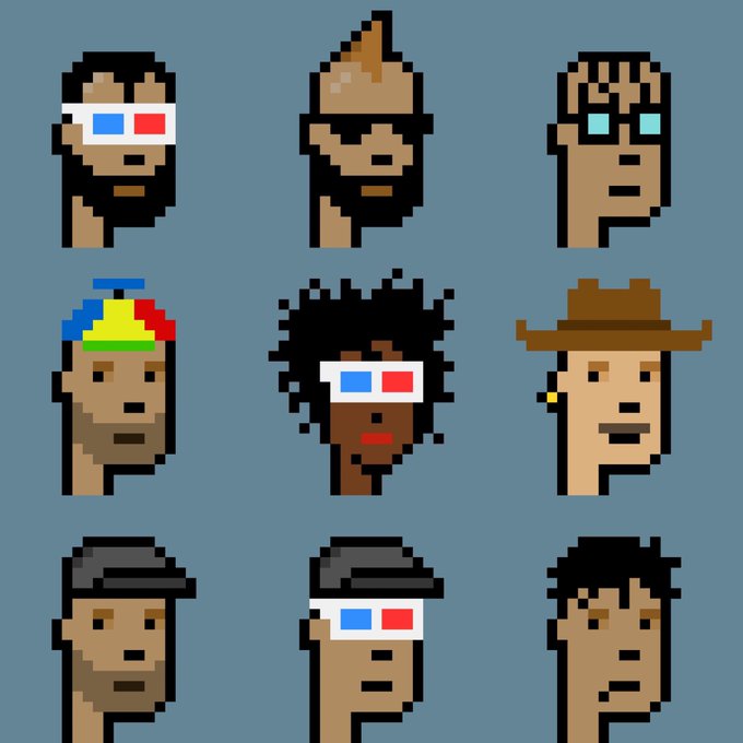 A 3x3 grid of pixel-art characters, including various hairstyles, hats, and accessories like 3D glasses, set against a solid blue background.