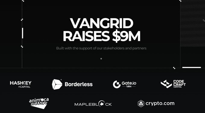 A black graphic announces 'VANGRID RAISES $9M' with the subtitle 'Built with the support of our stakeholders and partners', alongside logos for HashKey Capital, Borderless, Gate.io Labs, CodeCraft Capital, Animoca Brands, Mapleblock, and crypto.com.