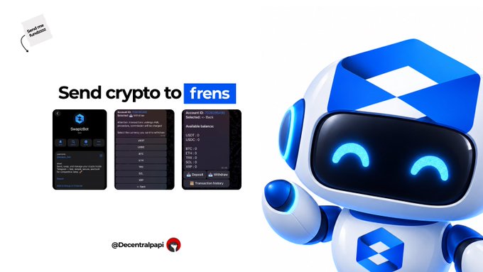 A promotional graphic featuring a blue robot mascot and the text "Send crypto to frens" alongside screenshots of an app and the handle "@Decentralrapi".