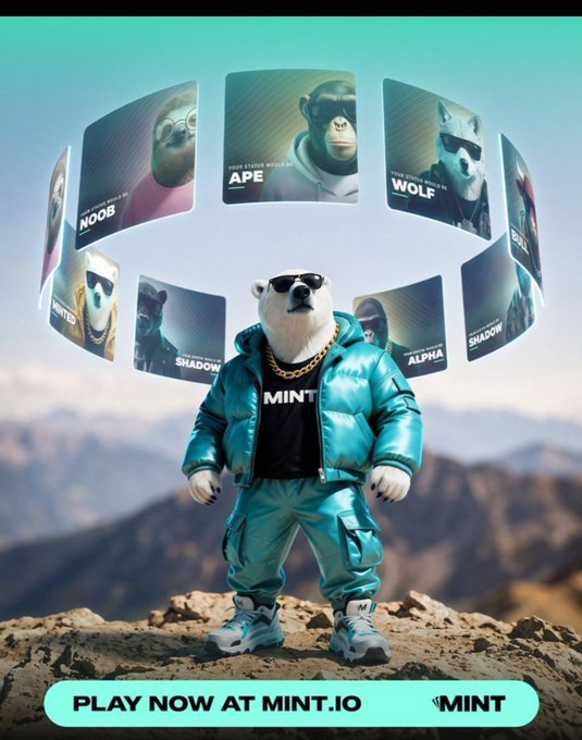 A promotional image featuring a polar bear in sunglasses and a turquoise outfit standing on a mountain, with floating cards labeled 'NOOB', 'APE', 'WOLF', 'SHADOW', 'ALPHA', 'BIRD' and text 'PLAY NOW AT MINT.IO' with a 'MINT' logo.