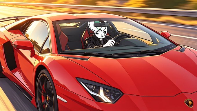 An anime-style illustration showing a white cat character wearing sunglasses and a black jacket driving a red Lamborghini sports car on a road.