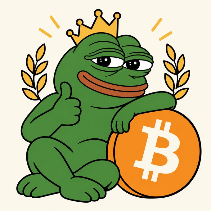 Pepe the Frog wearing a gold crown, giving a thumbs-up while leaning on an orange Bitcoin coin, flanked by gold laurel wreaths.