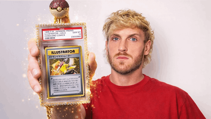 The image features a man holding up a gold-plated Pokemon card over his shoulder with a confident pose, suggesting he may have won the Pokémon battle game. The card is worth more than $1 million due to its rarity and high demand among collectors. The man appears to be proud of his achievement and might be boasting about it in response to someone's question or in a playful manner. The image focuses on the man with the Pokemon card, while the accompanying text explains the value of the card and how it relates to a larger narrative surrounding the game.