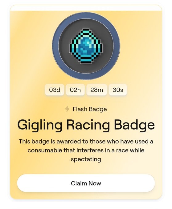 A digital "Gigling Racing Badge" displayed on a cream-colored card, featuring a pixel-art blue icon with a countdown timer of 03d 02h 28m 30s, a "Flash Badge" label, and a description noting it's awarded for using a consumable that interferes in a race while spectating—directly illustrating the achievement mentioned in the post.