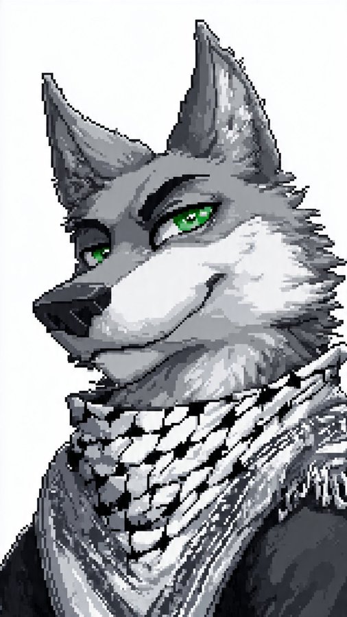 A pixel art illustration of a grey wolf-like furry character with bright green eyes wearing a black and white checkered scarf.