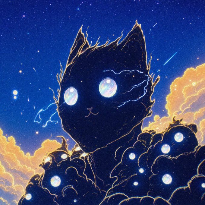 An artistic digital illustration of a dark cosmic cat with glowing orb eyes and crackling energy lines, surrounded by clouds and stars against a night sky.