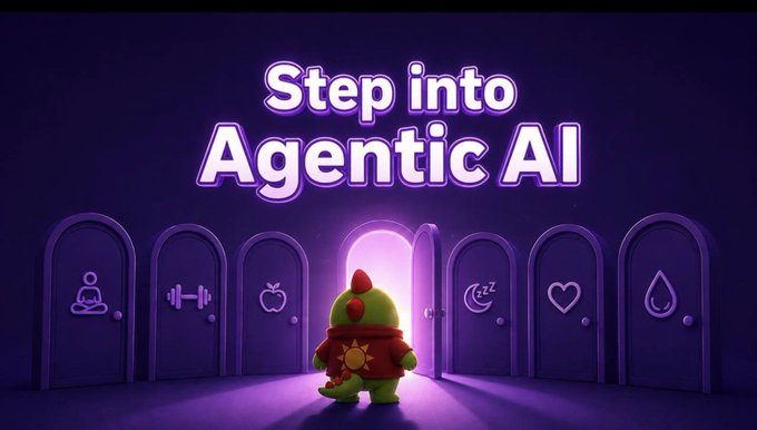 A promotional graphic titled 'Step into Agentic AI' shows a small green character facing a row of purple doors, each marked with an icon like a person, dumbbell, apple, moon, heart, or water drop.