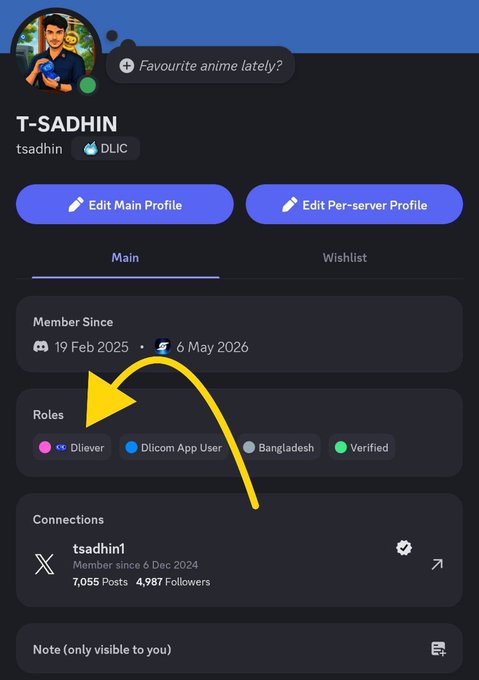 A Discord profile screenshot for user 'T-SADHIN' (tsadhin) with DLIC role, showing 'Member Since 19 Feb 2025', roles including 'Dliever' and 'Verified', and a connection to 'tsadhin1' with an arrow pointing to the roles section.