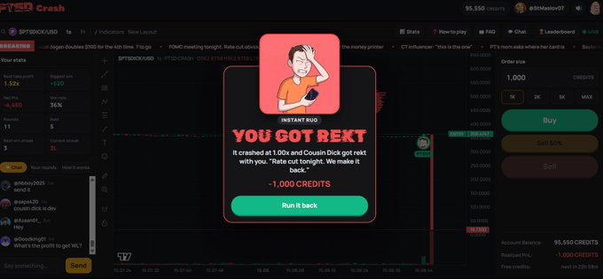 A screenshot of a crypto trading platform (FOMO Crash) displays a red and green popup modal reading 'INSTANT RUG — YOU GOT REKT — It crashed at 1.00x and Cousin Dick got rekt with you. "flats out tonight. We make it back." — 1,000 CREDITS', with a 'Run it back' button.