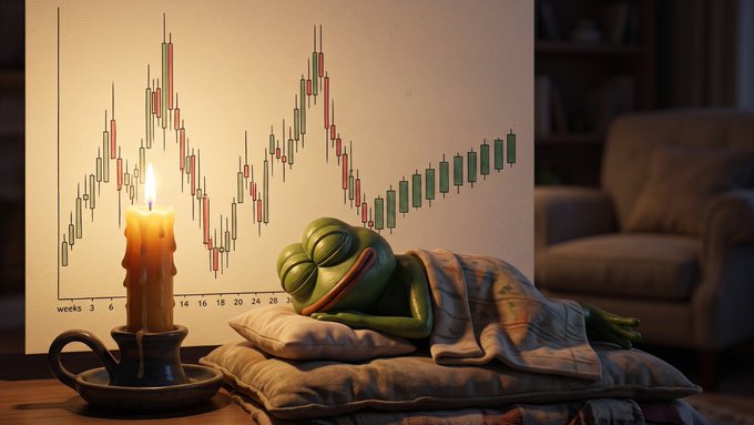 A Pepe the Frog meme character sleeps peacefully on a pillow beneath a blanket, with a lit candle nearby, while a stock/crypto candlestick chart is displayed on the wall showing weeks 3 through 28, depicting a volatile market downturn.