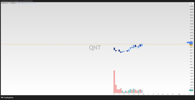 A TradingView candlestick chart displays the recent price action of $QNT (Quant), showing an initial spike followed by a tight consolidation pattern around the $5 mark with declining volume, suggesting a base-building phase consistent with the post's observation of momentum building after its June IPO within the quantum computing theme.
