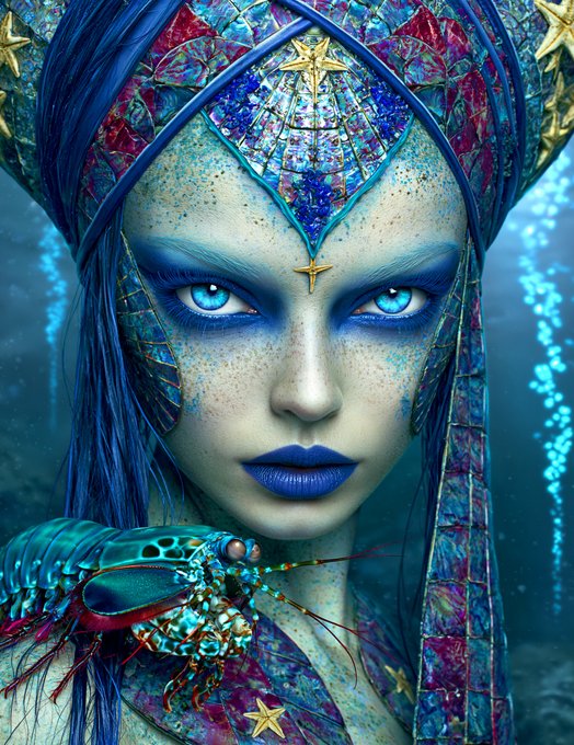 A detailed, surreal digital artwork of a mystical blue-skinned figure with piercing eyes, freckles, and star-shaped ornaments, accompanied by a metallic blue lobster against a deep blue background.