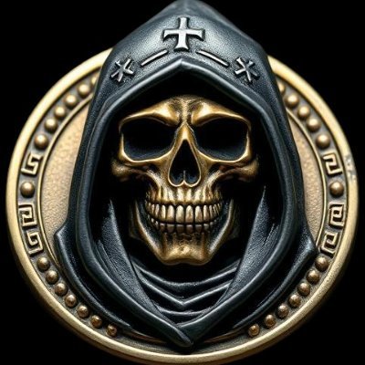 A close-up of a circular gold-colored emblem featuring a detailed skull wearing a black hood with a cross on top.
