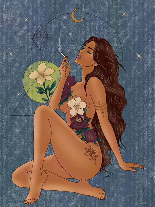 An illustrated artwork of a seated nude woman with long dark hair smoking a cigarette, surrounded by flowers, moons, and geometric shapes against a starry blue background.