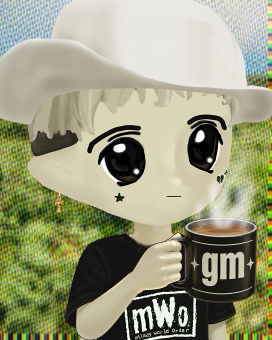 A stylized cartoon character wearing a white bucket hat and black 'mWo (milday world Order)' shirt, holding a black mug labeled 'gm' against a pixelated background.