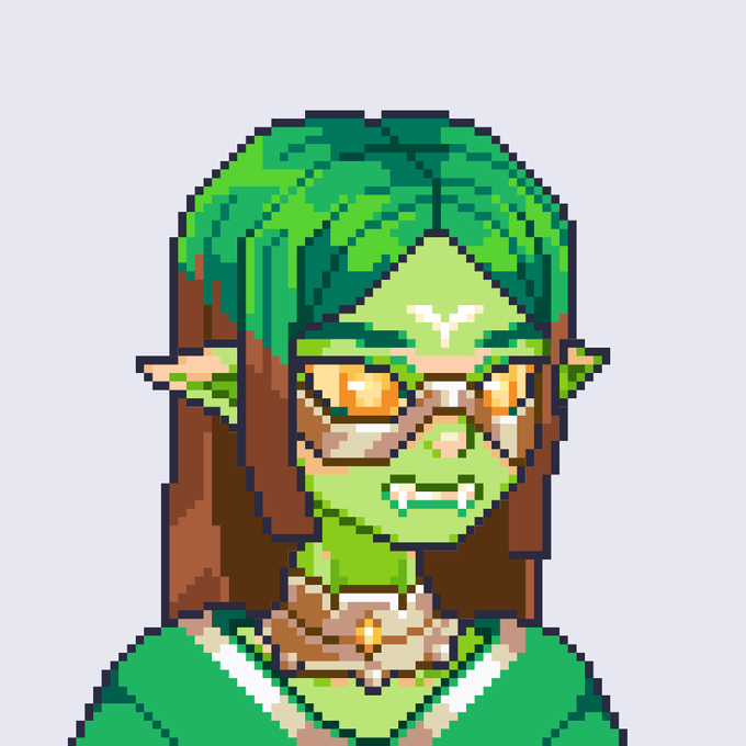 A pixel art portrait of a green-skinned character with green hair, pointed ears, and orange eyes wearing a green outfit and necklace.