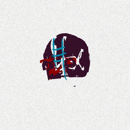 A stylized graphic illustration of a purple skull with blue stitch marks and a single red eye on a textured gray background.