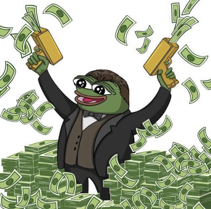 A cartoon of the Pepe the Frog character dressed in a tuxedo, holding two money guns that spray cash while standing in a pile of dollar bills.