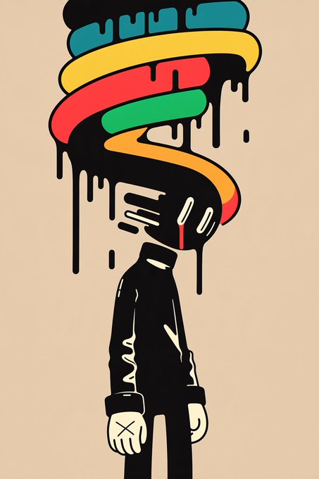 A stylized illustration of a figure in a black hoodie with a colorful, dripping paint-like structure emerging from their head, rendered in black, yellow, red, green, and blue against a tan background.