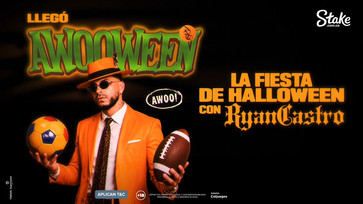 A man in an orange suit and fedora holds a soccer ball and football in a promotional ad for "Awoooween," the Halloween party featuring Ryan Castro sponsored by Stake.com.co, encouraging viewers to sign up for an active tournament with +18 age restrictions to win double tickets in the preferential zone.