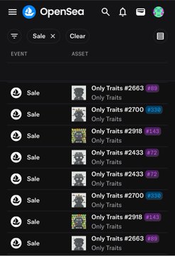 The image shows an OpenSea NFT marketplace interface displaying multiple "Sale" transactions for "Only Traits" NFTs with various token IDs (#2663, #2700, #2918, #2433) and different prices in ETH (ranging from #59 to #80).

The post's self-deprecating caption about missing out on happiness due to being an "idiot" relates to the image, as the numerous Only Traits sales listed represent NFT trades that the poster likely missed or sold at unfortunate prices, causing them regret over poor trading decisions.