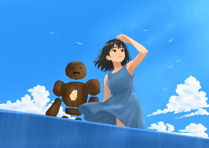 Anime-style illustration depicting a young girl with short black hair wearing a blue dress, shading her eyes from the sun, sitting next to a small brown robot on a rooftop or ledge with a bright blue sky, white clouds, and seagulls in the background.