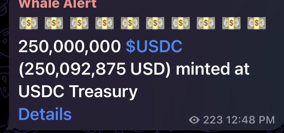A “Whale Alert” notification shows that 250,000,000 $USDC (250,092,875 USD) was minted at the USDC Treasury, with 223 views at 12:48 PM. This aligns with the accompanying Solana liquidity post, which reports that another $500 million in new USDC was issued.