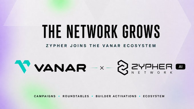 The image is a partnership announcement graphic titled "THE NETWORK GROWS" with the subtitle "ZYPHER JOINS THE VANAR ECOSYSTEM," featuring the Vanar and Zypher Network (AI) logos side by side, visually reinforcing the collaboration described in the post between Vanar and Zypher Network focused on AI-powered infrastructure and intelligent digital economies.