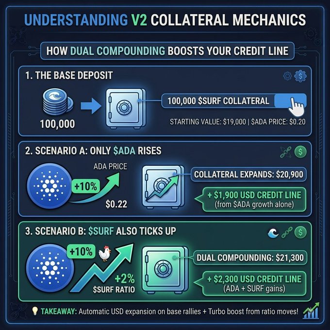 An infographic titled 'UNDERSTANDING V2 COLLATERAL MECHANICS' explaining how dual compounding boosts a credit line, using a 100,000 $SURF collateral example with a starting value of $19,000 and an $ADA price of $0.20.