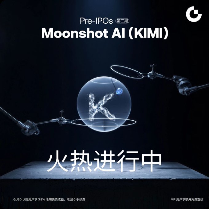 A promotional advertisement for Moonshot AI (KIMI) Pre-IPOs featuring a robotic arm manipulating a glass sphere containing the letter 'K', with Chinese text reading '火热进行中' (Hot in progress) and details about GUSD subscription benefits.