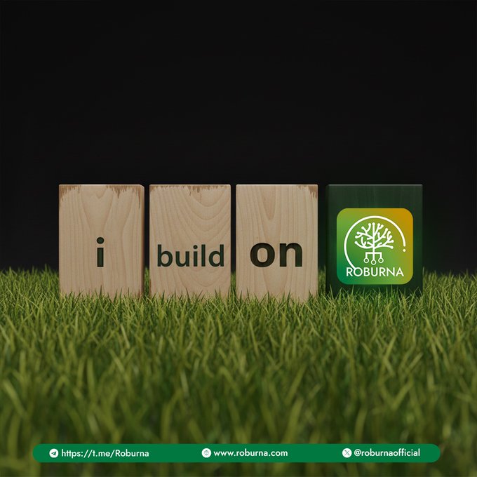 A promotional graphic for ROBURNA features wooden blocks spelling "i build on" next to the green ROBURNA logo, set on grass against a black background, with contact links for t.me/Roburna, www.roburna.com, and @roburnaofficial.