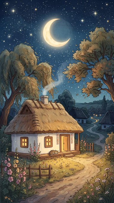 A whimsical illustration depicts a thatched-roof cottage with smoke rising from its chimney under a starry night sky with a crescent moon, surrounded by trees and a flower garden.