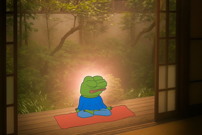 A cartoon image of Pepe the Frog in a blue outfit meditating on a red yoga mat, positioned on a wooden porch with a forest background.